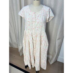 LANZ OF SALZBURG Floral Button-Front Midi Dress Sz M Pink & White Cottagecore